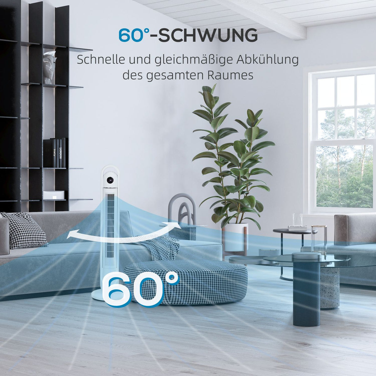 Tower fan, pedestal fan with 3 ventilation levels, remote control, 55W fan with 24H timer, LCD display, 70° oscillation, for bedroom, white