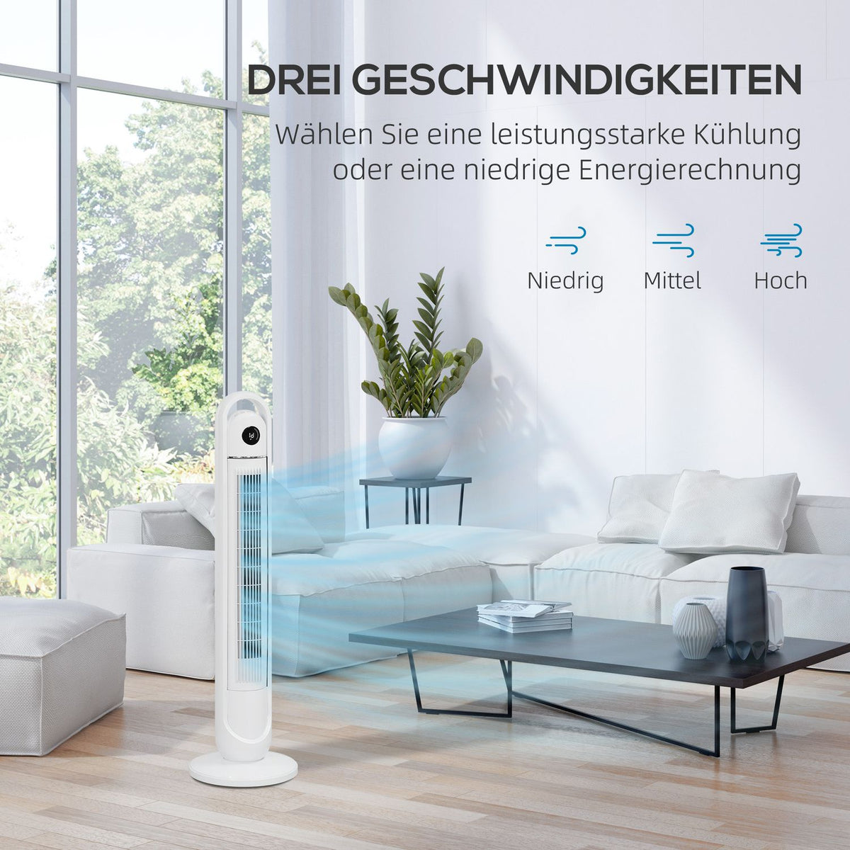 Tower fan, pedestal fan with 3 ventilation levels, remote control, 55W fan with 24H timer, LCD display, 70° oscillation, for bedroom, white