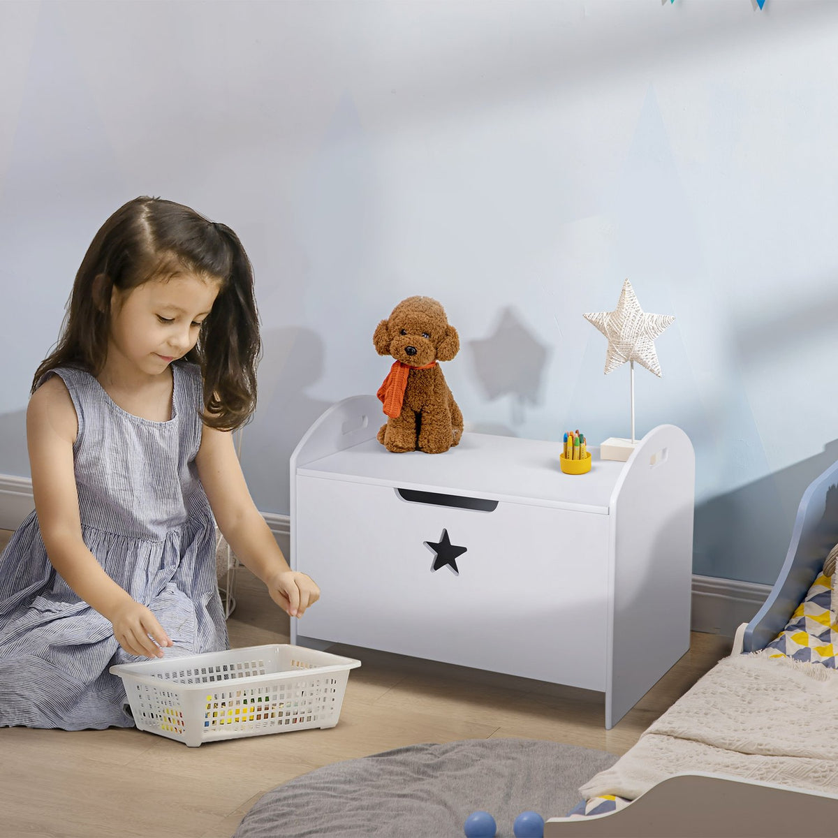 Toy Box Children'S Storage Box With Safety Hinge, White, Mdf, 62X40X46.5Cm