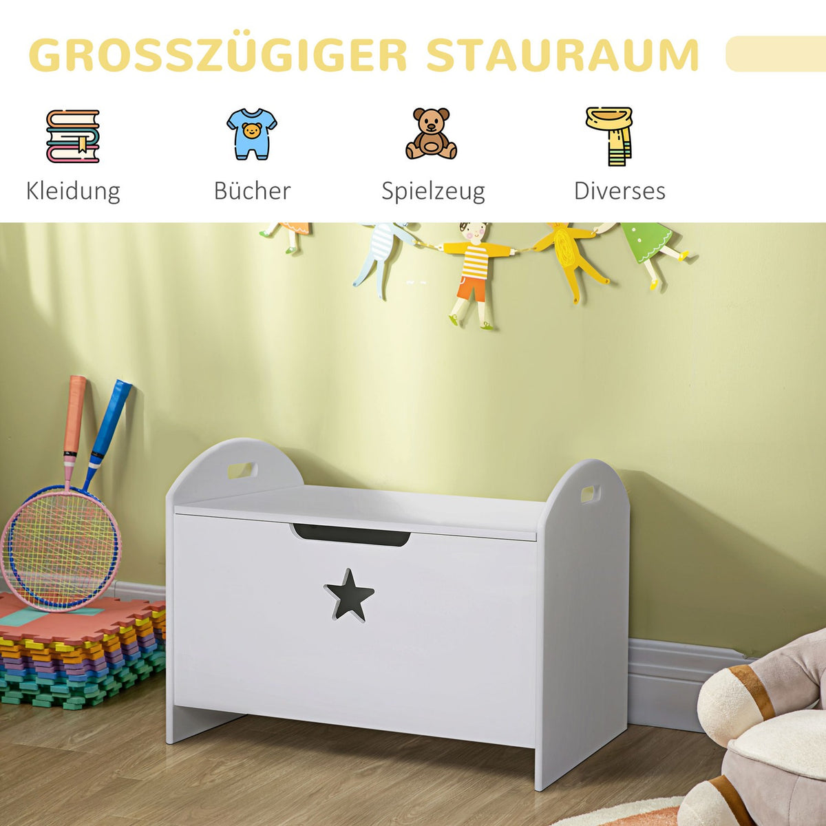 Toy Box Children'S Storage Box With Safety Hinge, White, Mdf, 62X40X46.5Cm