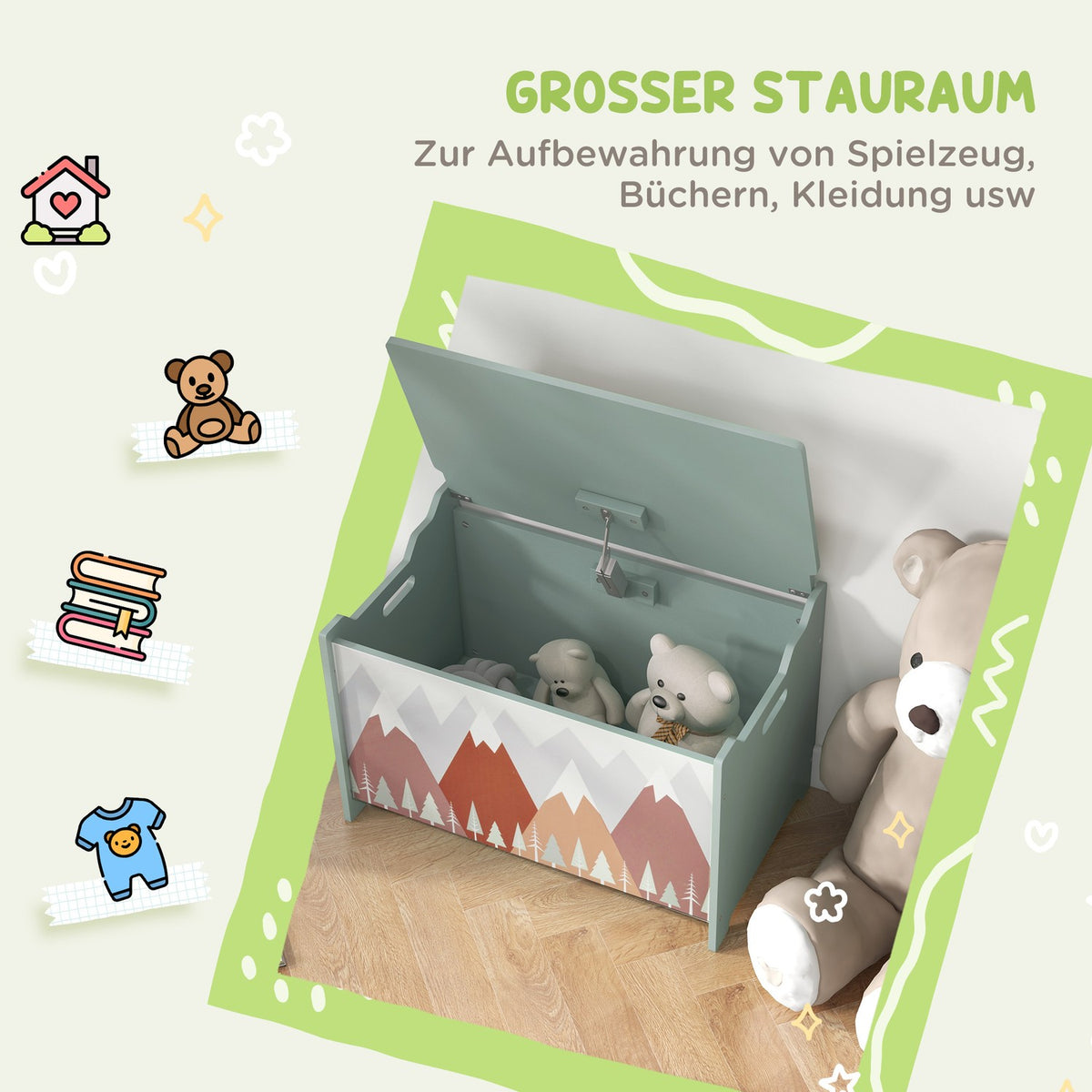Toy Box with Lid, Toy Chest with Cute Animal Design, Storage Box with Lid Safety Hinge Handle, for Kids Room, Bedroom, Green