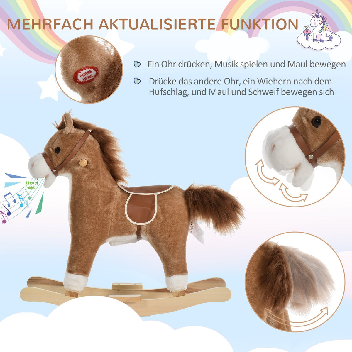 Toy Rocking Horse Rocking Animal With Animal Sounds Handles For 36-72 Months Plush Brown 65 X 32.5 X 61 Cm
