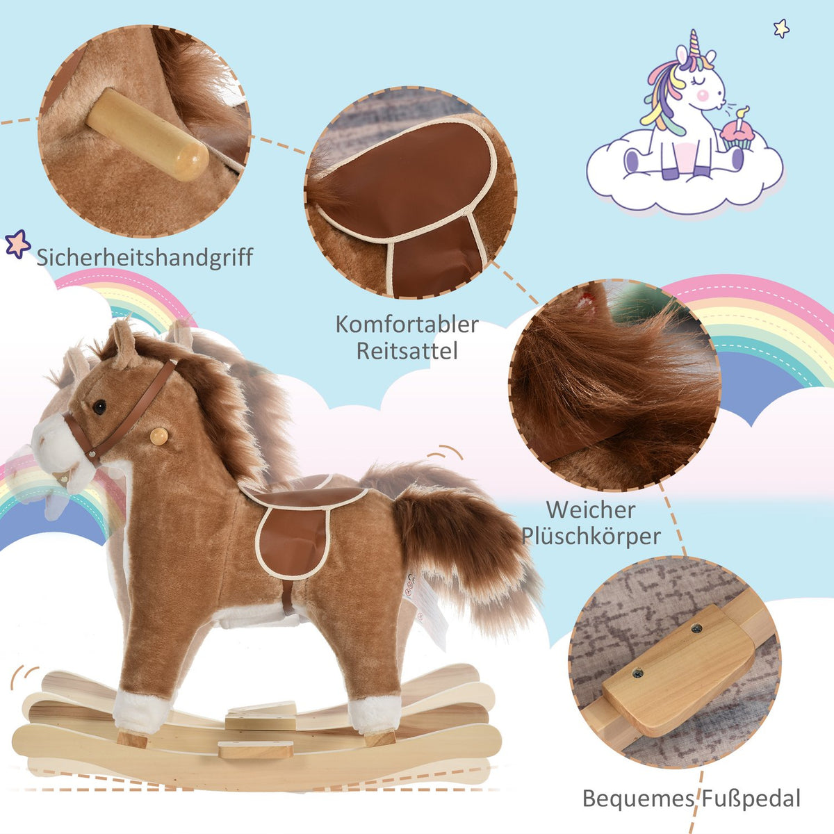 Toy Rocking Horse Rocking Animal With Animal Sounds Handles For 36-72 Months Plush Brown 65 X 32.5 X 61 Cm