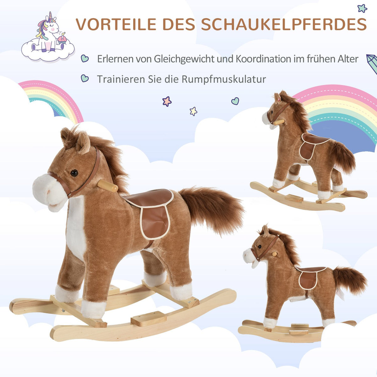 Toy Rocking Horse Rocking Animal With Animal Sounds Handles For 36-72 Months Plush Brown 65 X 32.5 X 61 Cm
