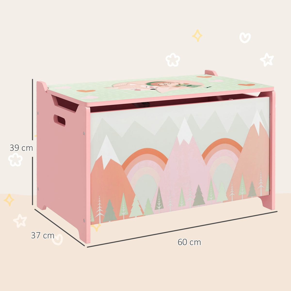 Toy Storage Box with Lid, Safety Hinge, Animal Design, 60x37x39 cm, Pink
