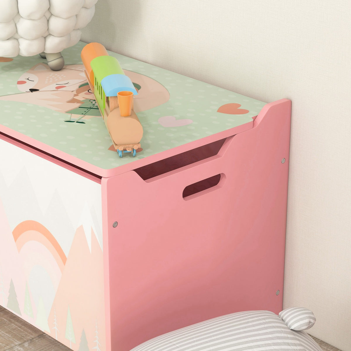 Toy Storage Box with Lid, Safety Hinge, Animal Design, 60x37x39 cm, Pink
