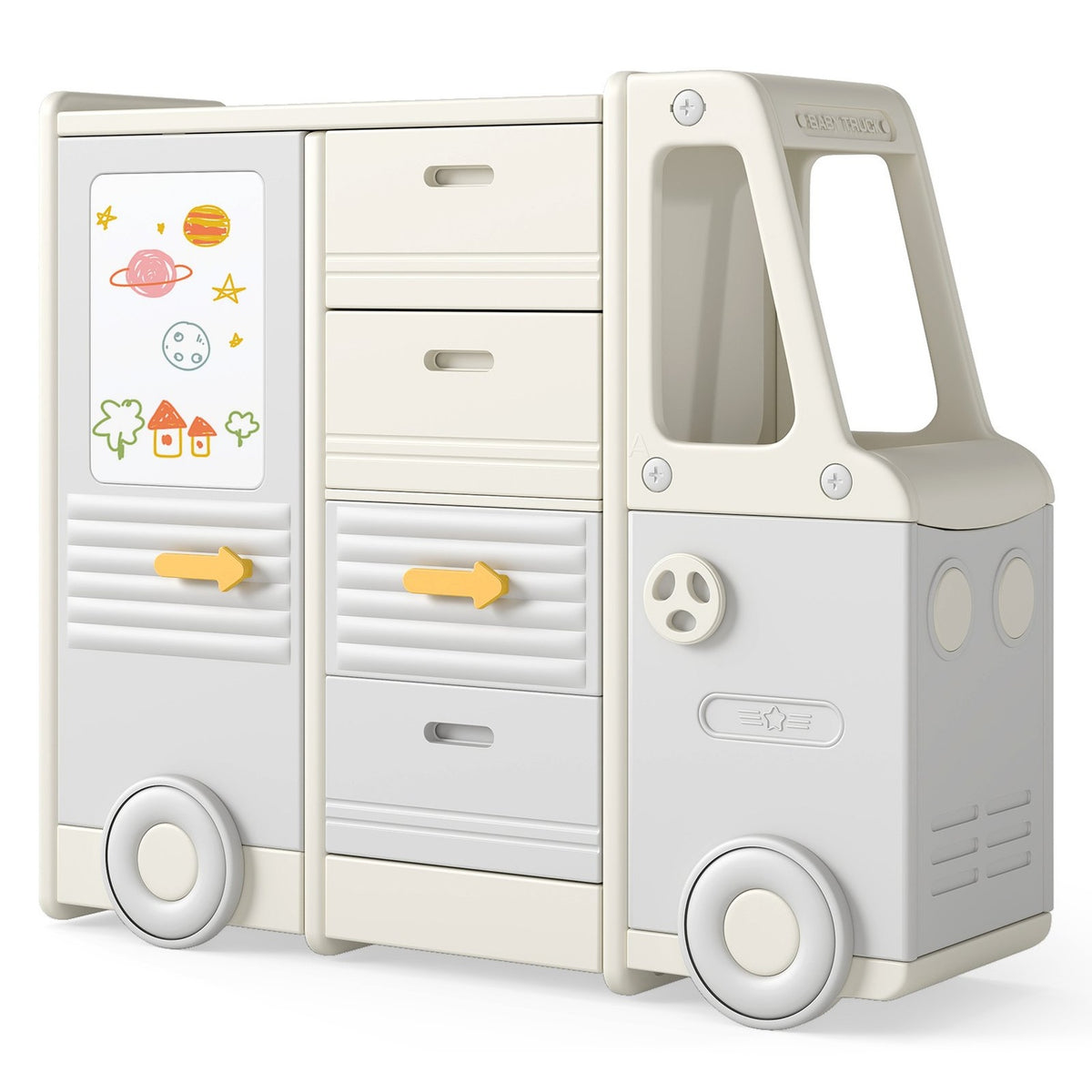 Toy Storage Shelf with Whiteboard, Bus Design, 4 Drawers
