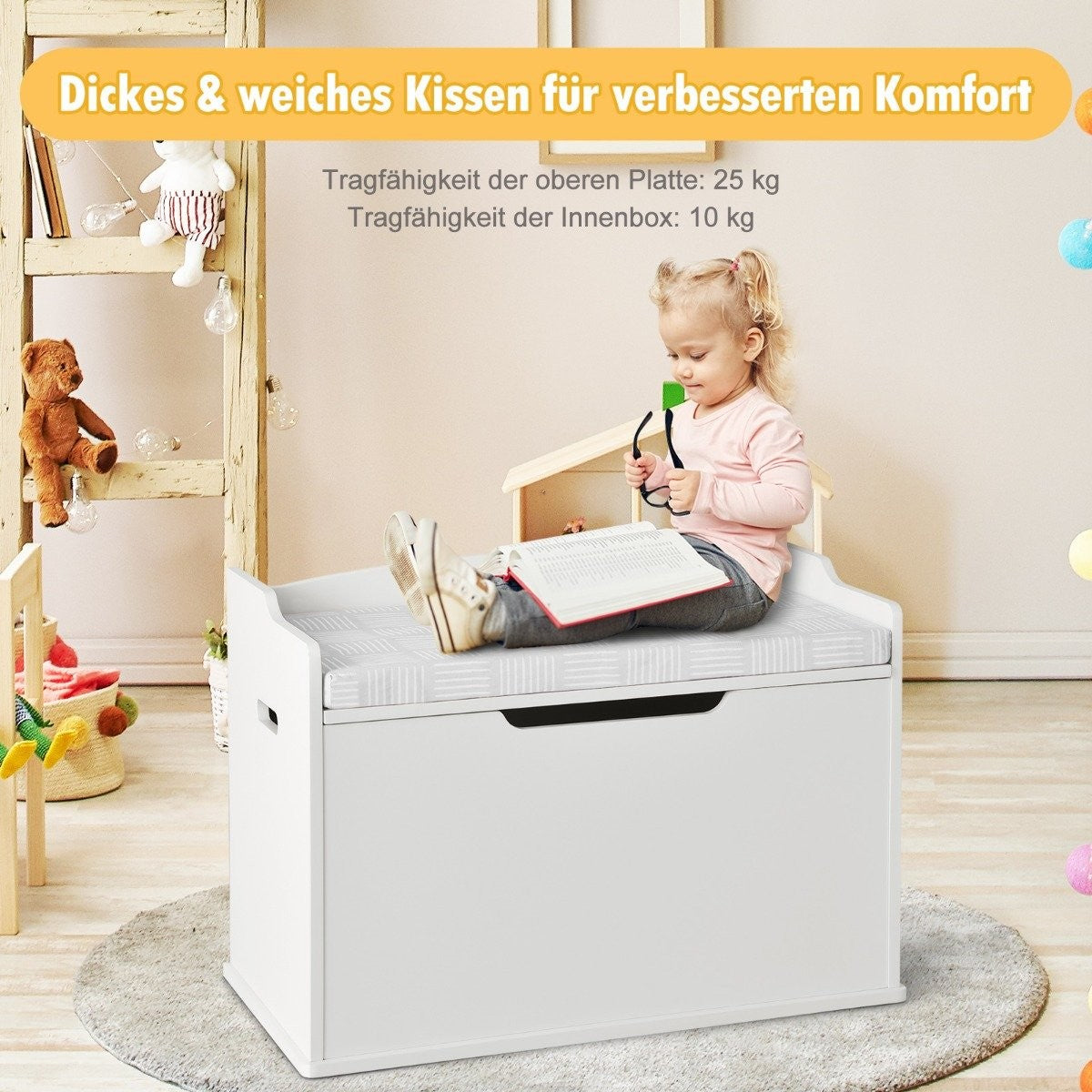 Toy box with lid 2 in 1 toy chest with cushion toy cabinet 74 x 39 x 52 cm white