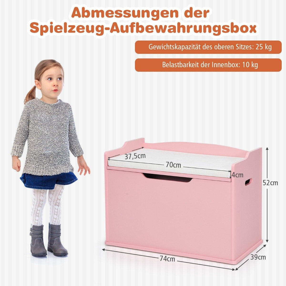 Toy box with lid 2 in 1 toy chest with cushion toy cabinet made of wood with carrying handles pink