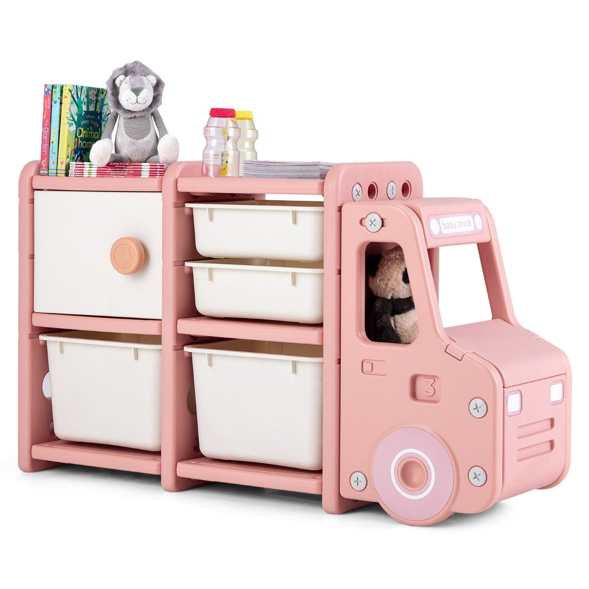 Toy shelf 2 levels children's shelf with drawers and storage boxes 110 x 32 x 66 cm pink