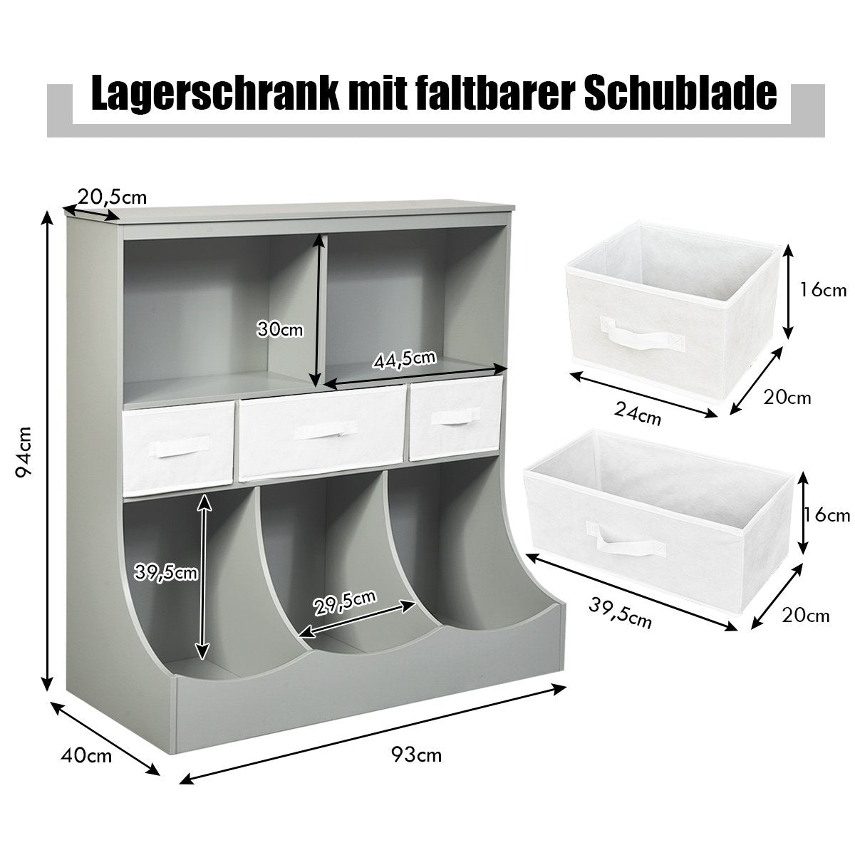 Toy shelf with 5 compartments & 3 drawers children's shelf toy organizer 93 x 40 x 94 cm gray