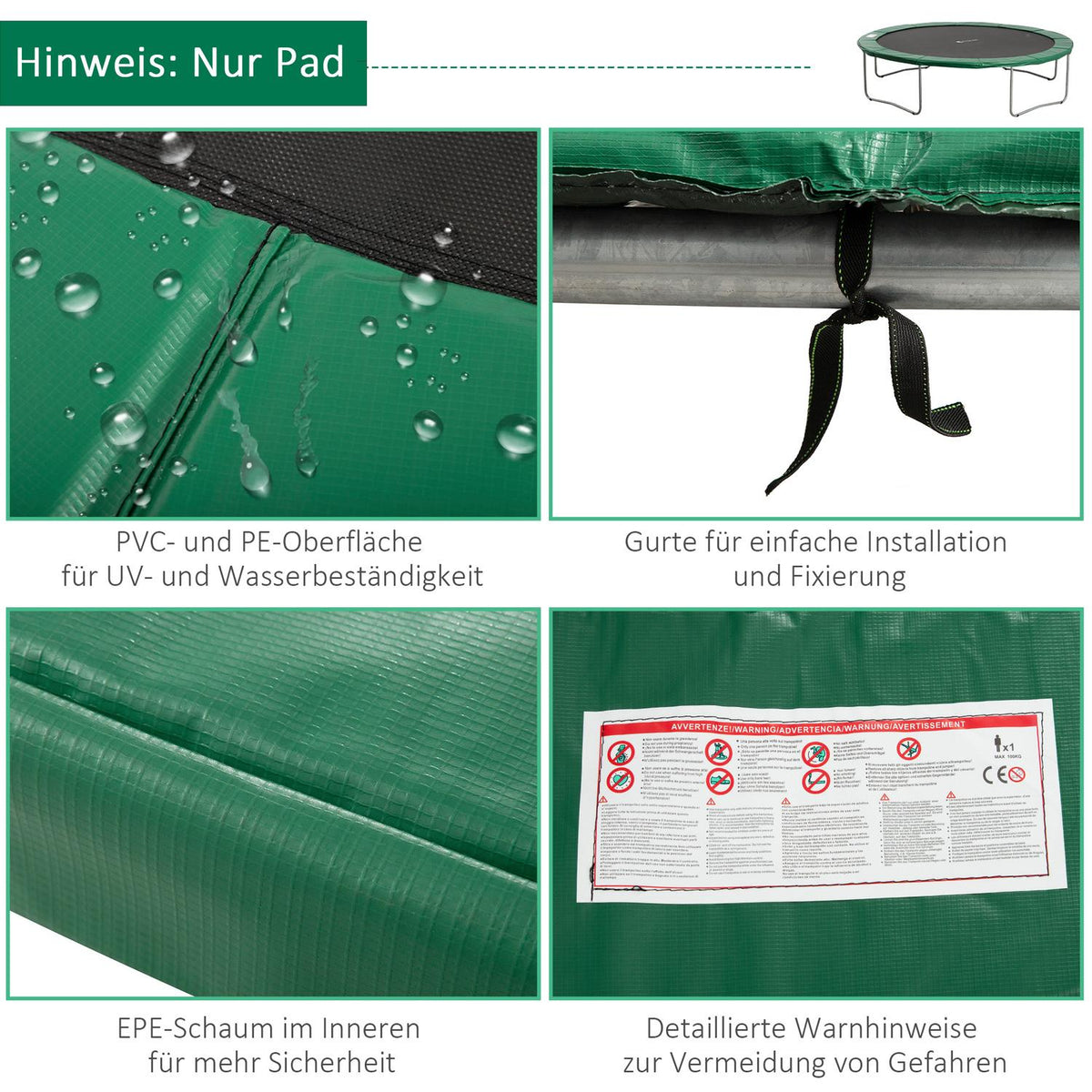 Trampoline Accessory Set Edge Cover, Safety Net, For 8Ft-15Ft, Ø 366Cm, Green
