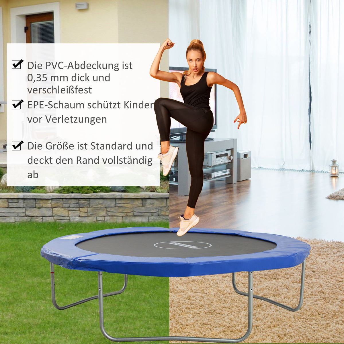 Trampoline Accessory Set Edge Cover, Safety Net, Weather Tarpaulin, Ladder, For 8Ft-15Ft, Ø 244Cm, Blue