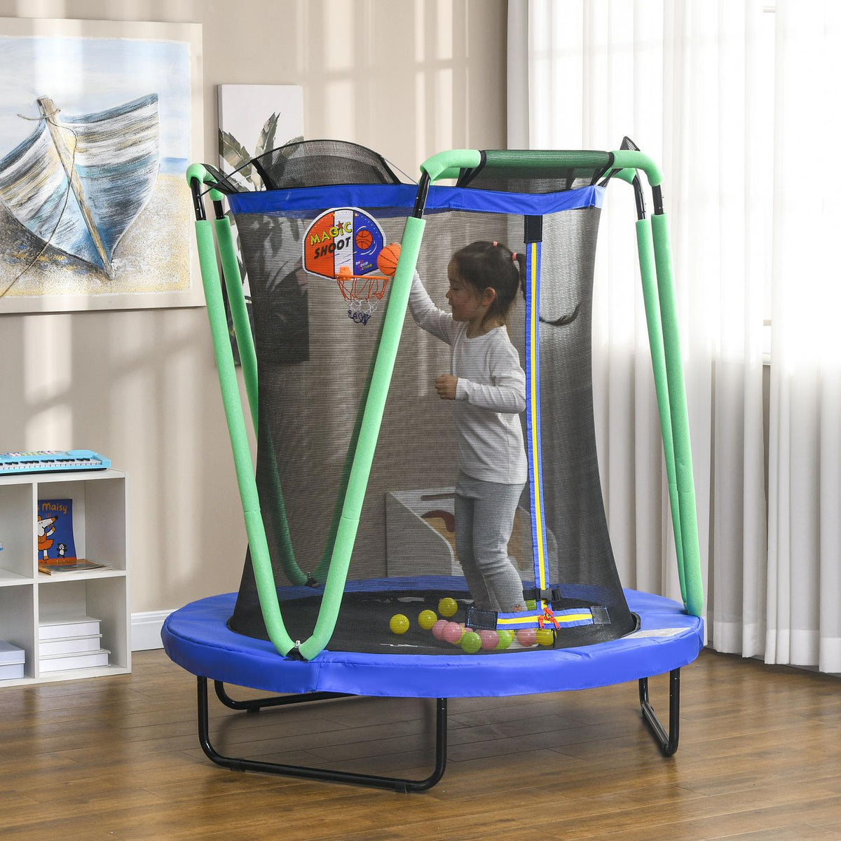 Trampoline Children'S Trampoline Safety Net Diameter 140 Cm Garden Trampoline Basketball Hoop Basketball 20 Balls 3-10 Years Blue