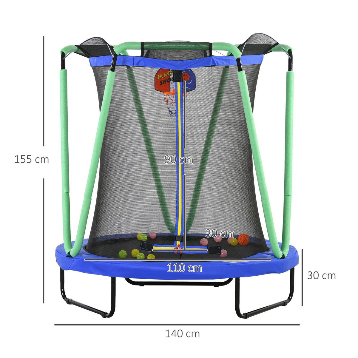 Trampoline Children'S Trampoline Safety Net Diameter 140 Cm Garden Trampoline Basketball Hoop Basketball 20 Balls 3-10 Years Blue
