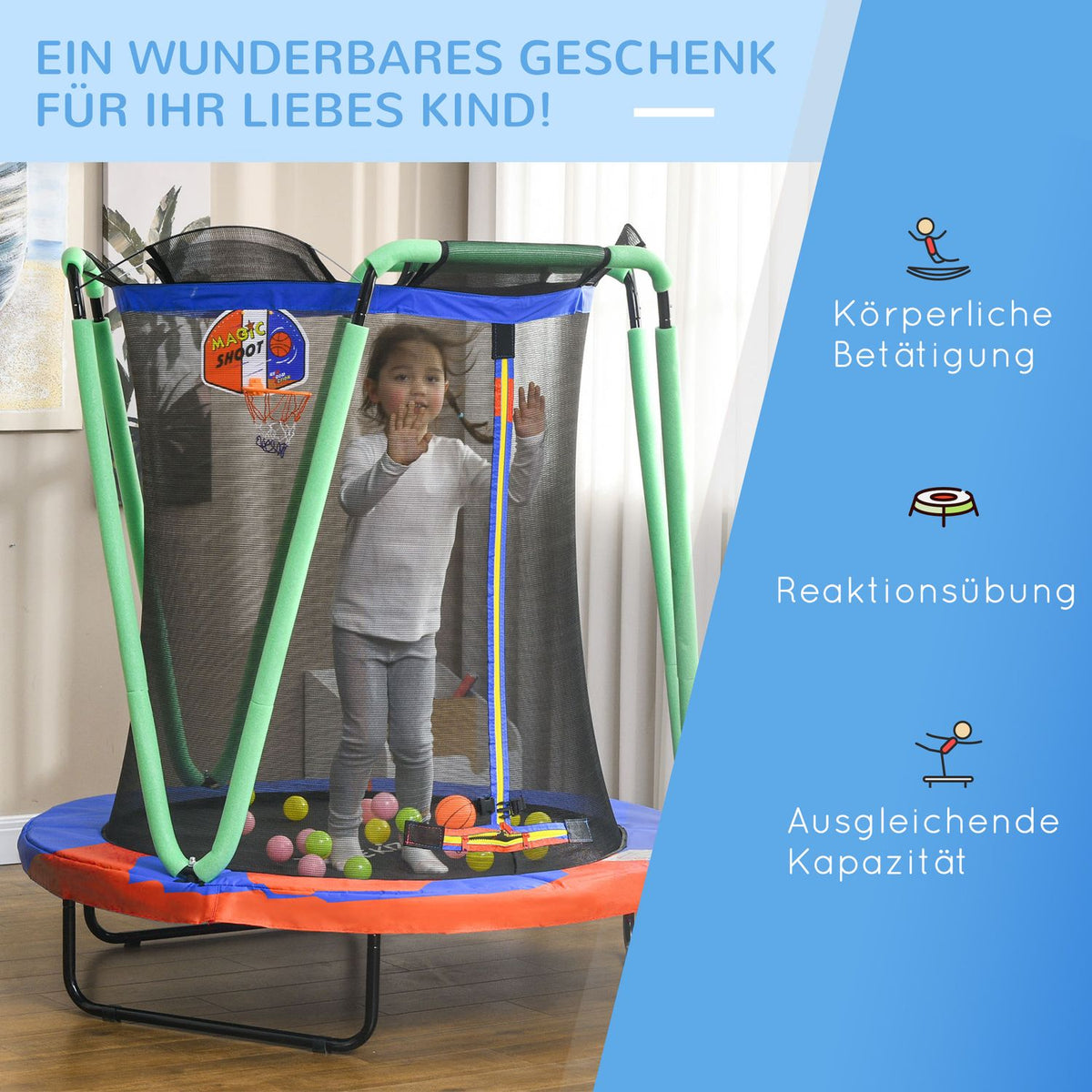 Trampoline Children'S Trampoline Safety Net Diameter 140 Cm Garden Trampoline Basketball Hoop Basketball 20 Balls 3-10 Years Blue