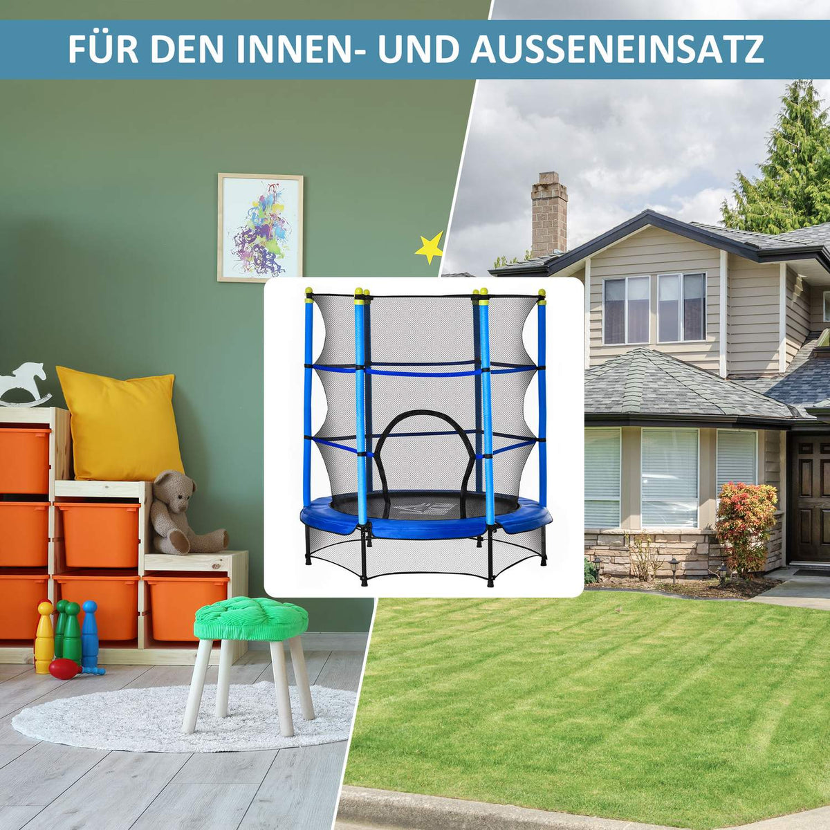 Trampoline For Children Ø140 Cm Fitness Trampoline With Safety Net Edge Cover Rubber Rope Padded Indoor Outdoor Jumping Steel Up To 45 Kg