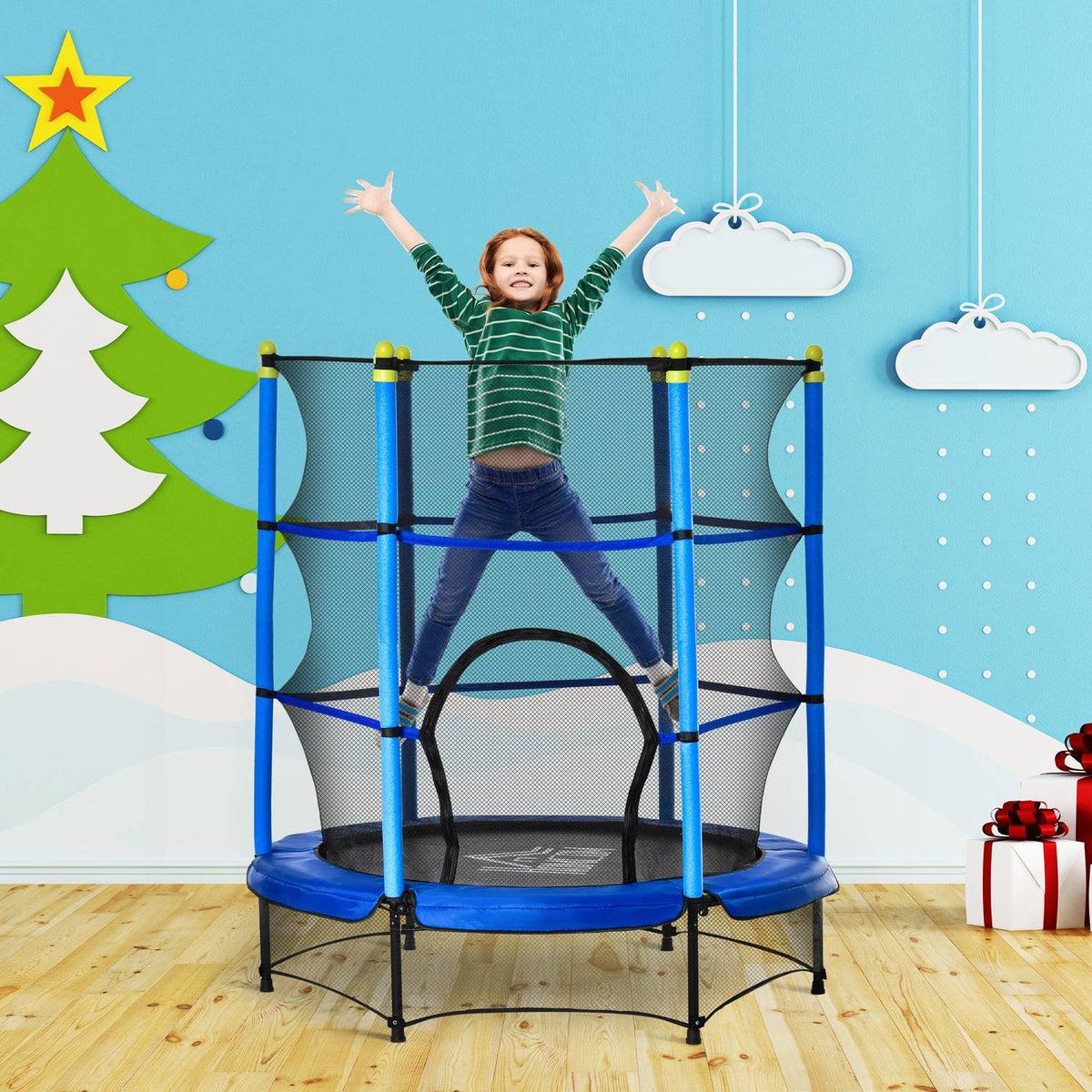 Trampoline For Children Ø140 Cm Fitness Trampoline With Safety Net Edge Cover Rubber Rope Padded Indoor Outdoor Jumping Steel Up To 45 Kg