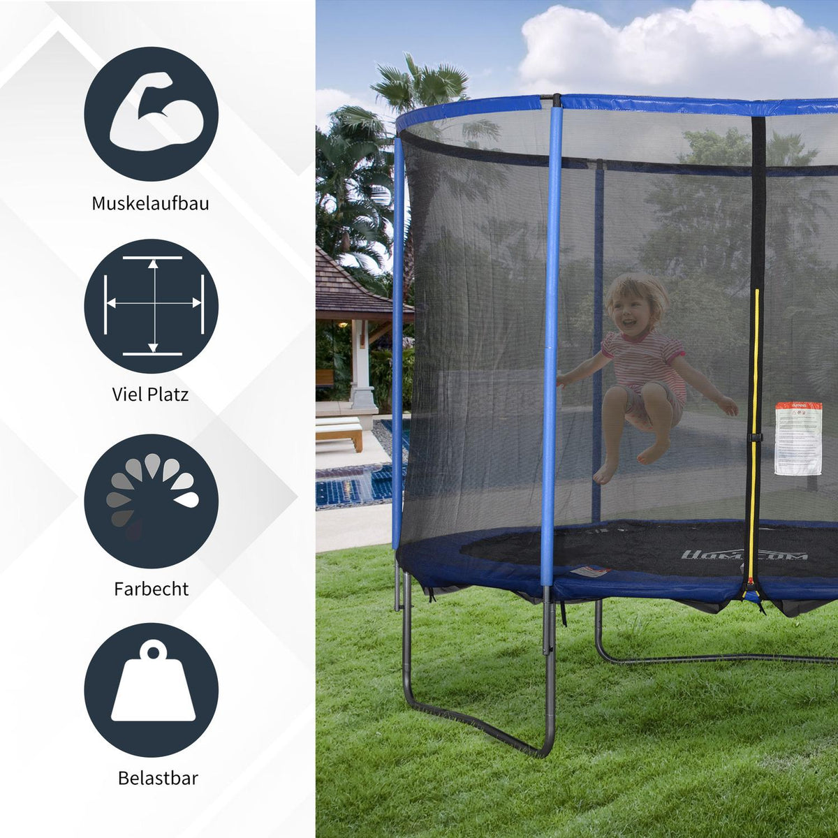 Trampoline with safety net, garden trampoline for indoor and outdoor use, fitness trampoline, blue + black, up to 113.6 kg, Ø305 x 248H cm