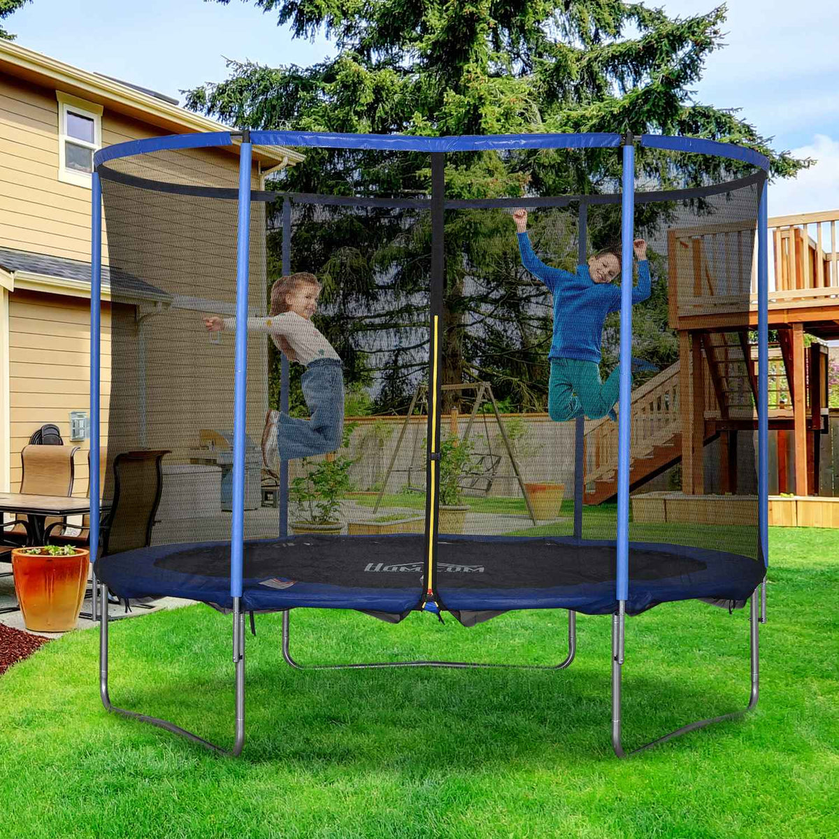 Trampoline with safety net, garden trampoline for indoor and outdoor use, fitness trampoline, blue + black, up to 113.6 kg, Ø305 x 248H cm