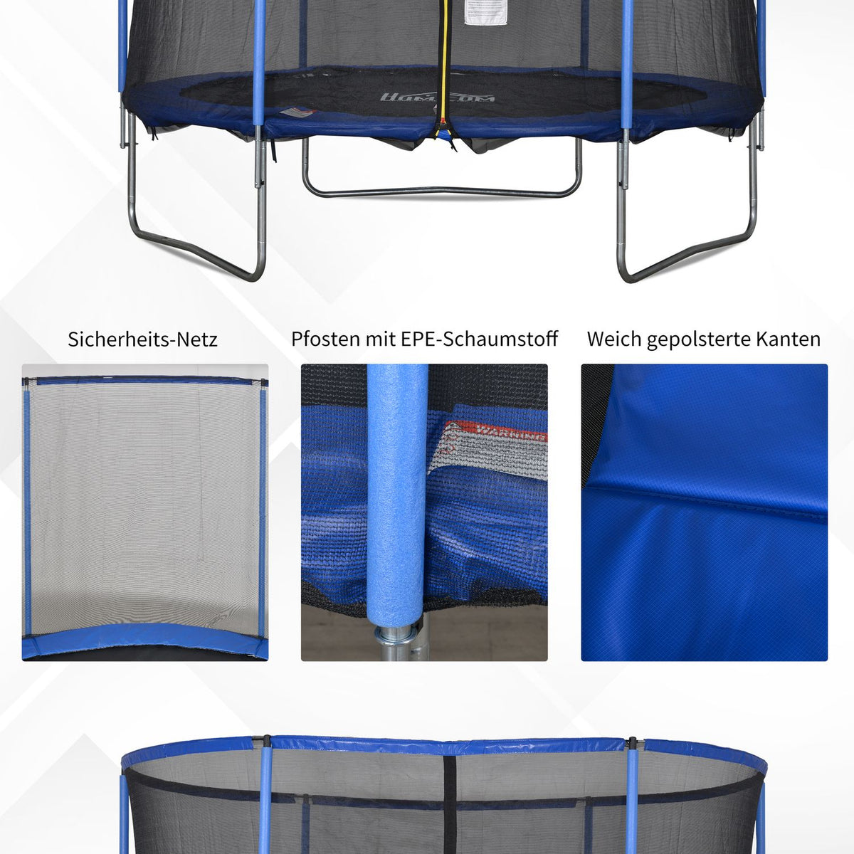 Trampoline with safety net, garden trampoline for indoor and outdoor use, fitness trampoline, blue + black, up to 113.6 kg, Ø305 x 248H cm