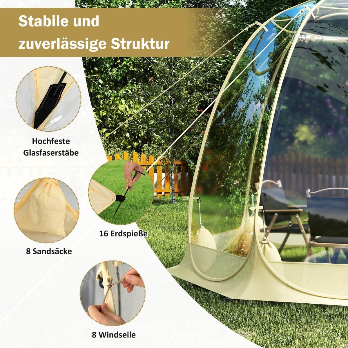 Transparent PVC Pop-Up Bubble Tent for 5-6 People, 265x265 cm