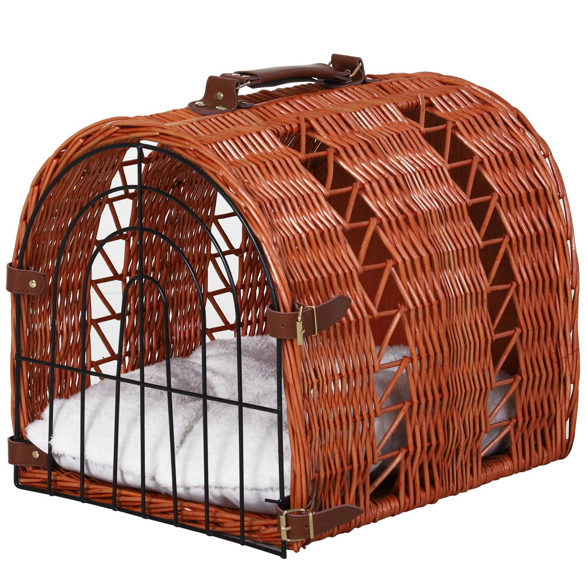 Transport Basket For Cats And Dogs, Wicker Basket With Cushion And Grid, Brown, Metal, 42X35X37 Cm