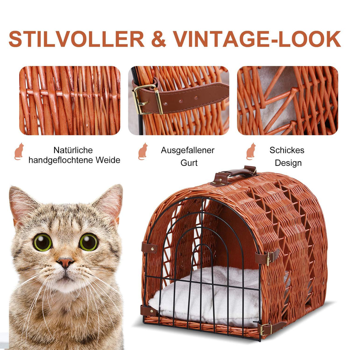 Transport Basket For Cats And Dogs, Wicker Basket With Cushion And Grid, Brown, Metal, 42X35X37 Cm