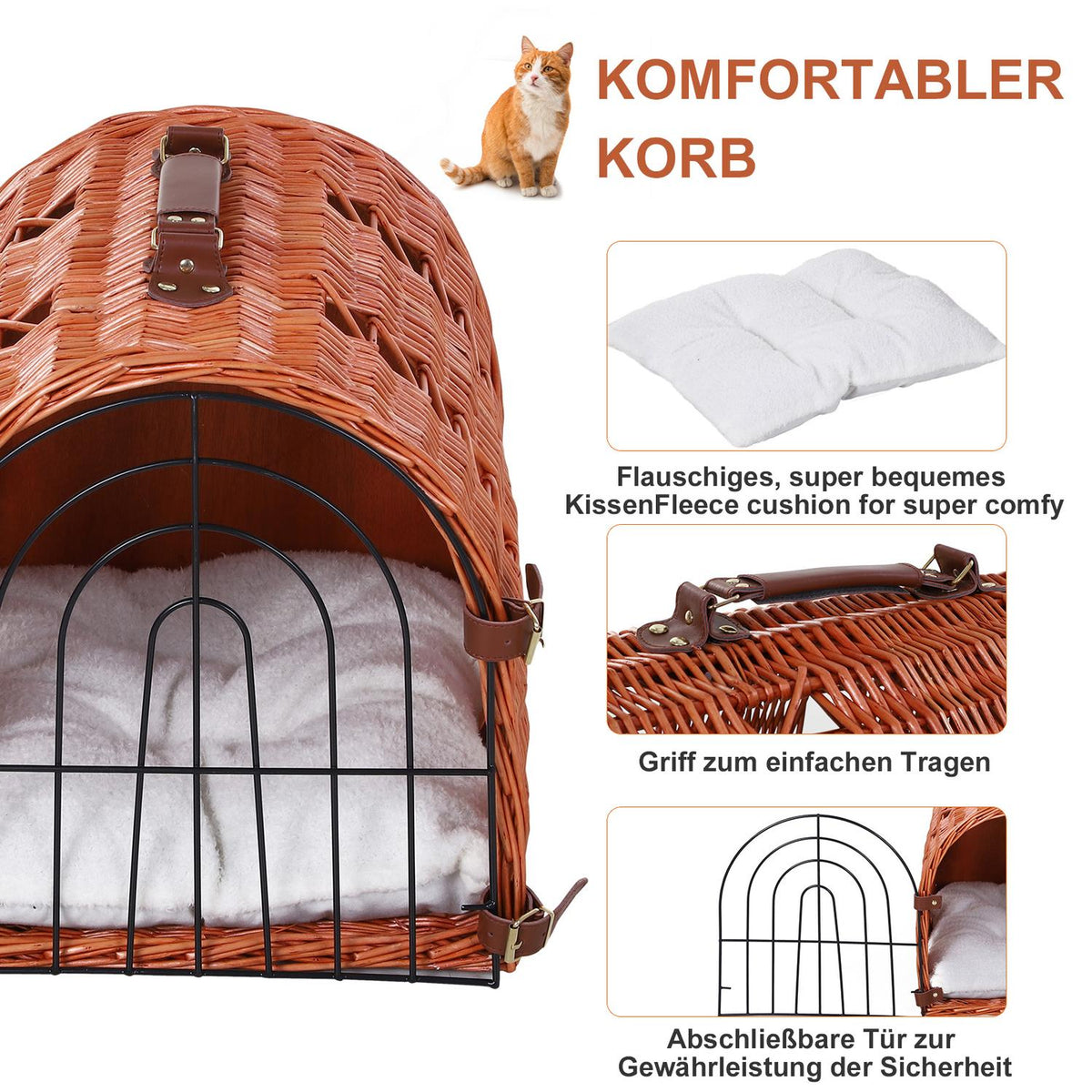 Transport Basket For Cats And Dogs, Wicker Basket With Cushion And Grid, Brown, Metal, 42X35X37 Cm