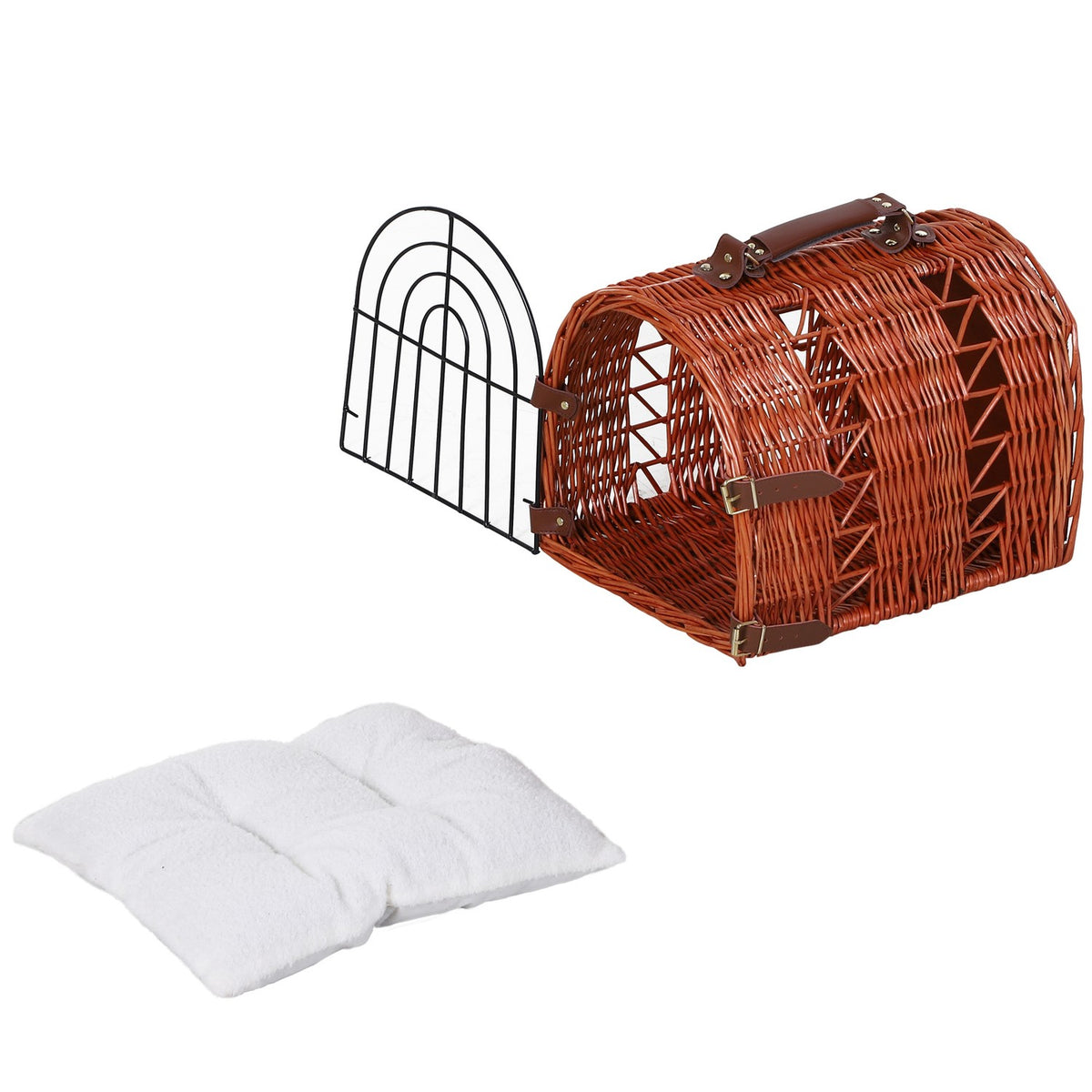 Transport Basket For Cats And Dogs, Wicker Basket With Cushion And Grid, Brown, Metal, 42X35X37 Cm