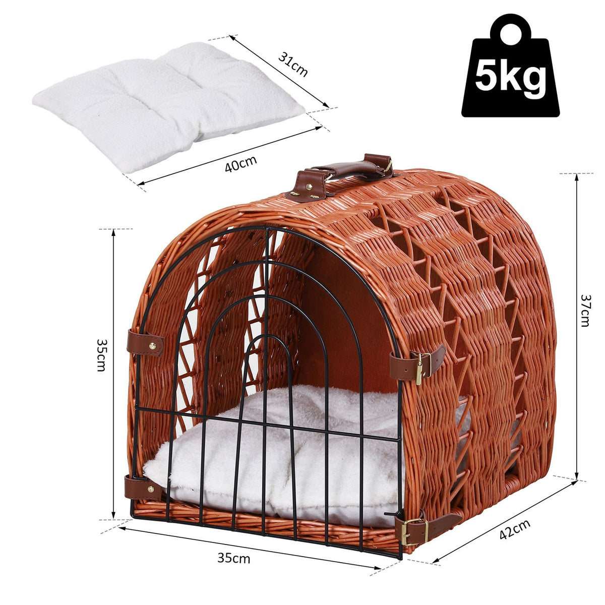 Transport Basket For Cats And Dogs, Wicker Basket With Cushion And Grid, Brown, Metal, 42X35X37 Cm