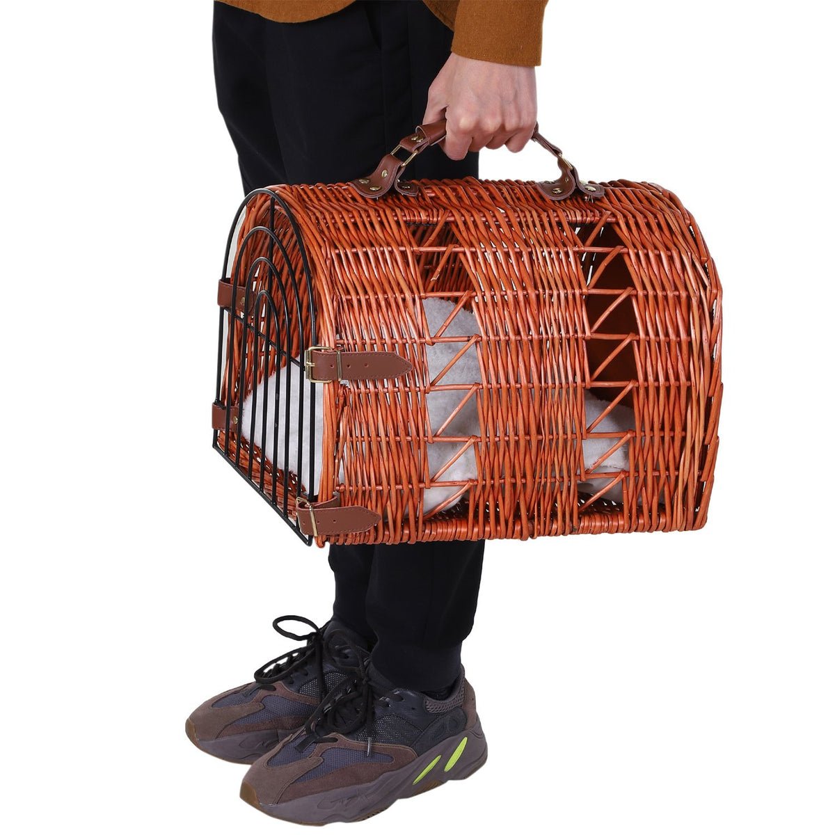 Transport Basket For Cats And Dogs, Wicker Basket With Cushion And Grid, Brown, Metal, 42X35X37 Cm