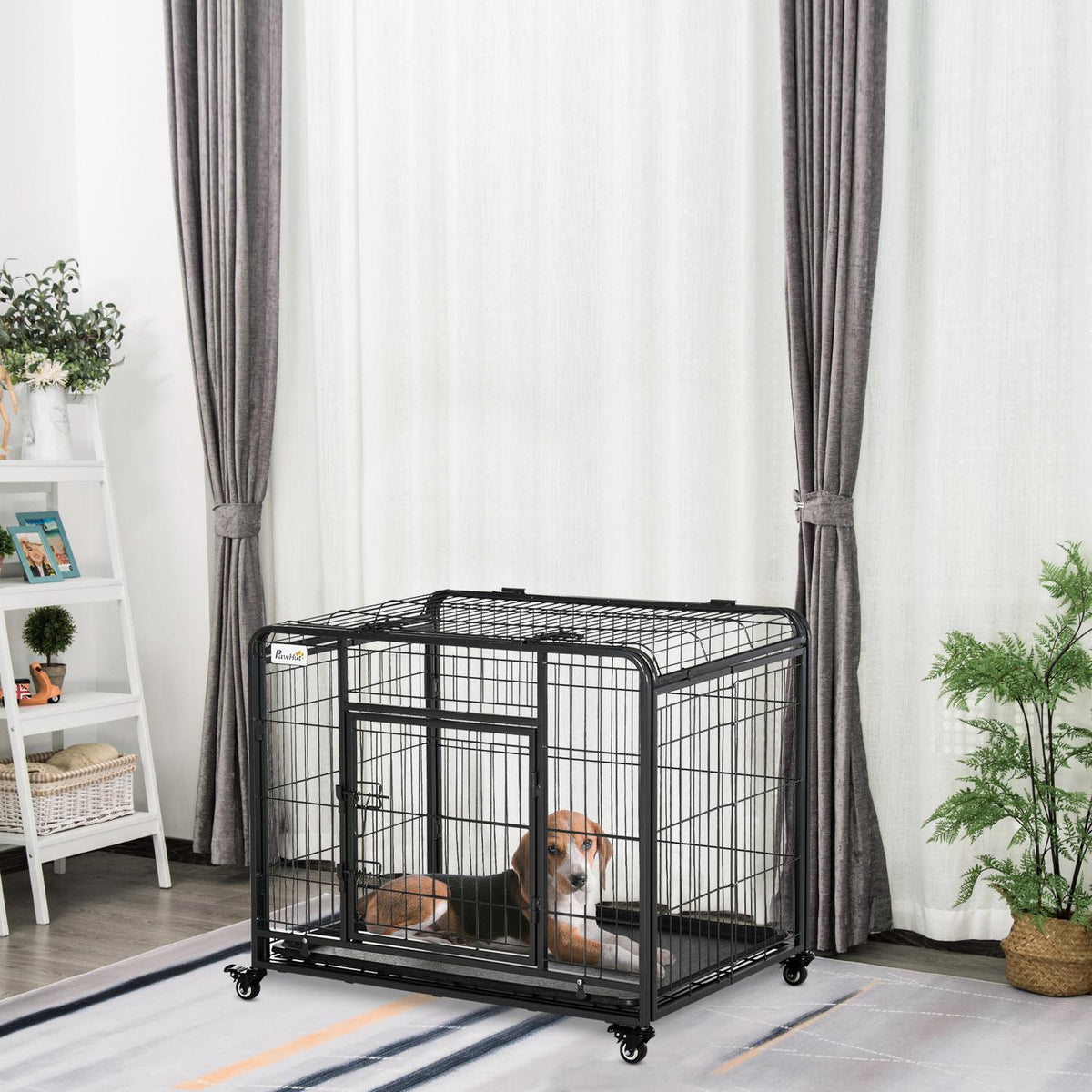 Transport Box Foldable Transport Cage With Wheels, 2 Lockable Doors, Metal, Grey+Black, 94X58X69.5 Cm