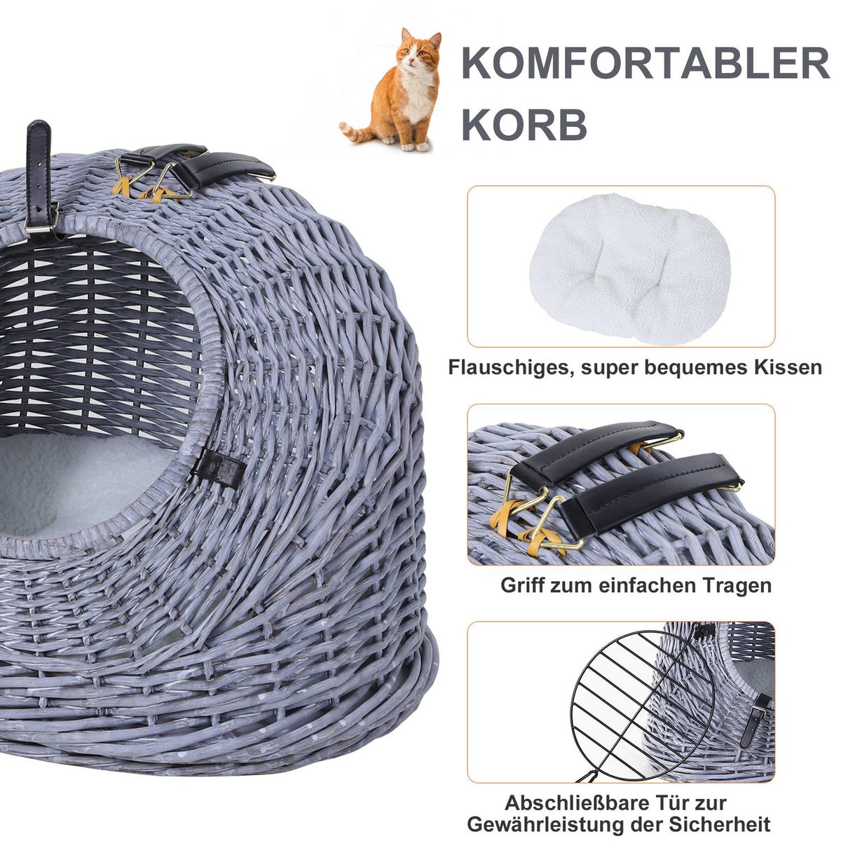 Transport Box For Cats And Dogs Wicker Basket Cave With Grid, Gray, 47X35X35 Cm