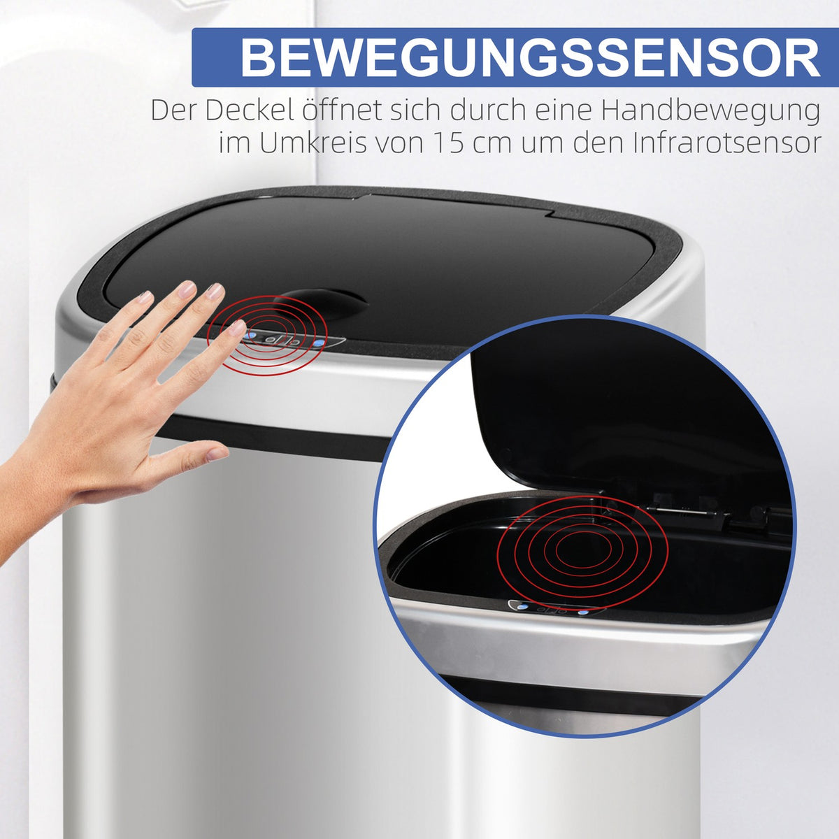 Trash Can 58L Automatic Trash Can With Infrared Sensor, Hygienic, Large, Stainless Steel, Silver, L40.9Xw28.9Xh68 Cm