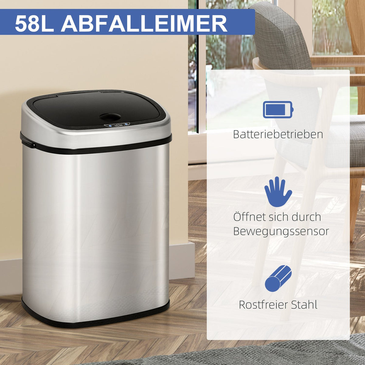 Trash Can 58L Automatic Trash Can With Infrared Sensor, Hygienic, Large, Stainless Steel, Silver, L40.9Xw28.9Xh68 Cm