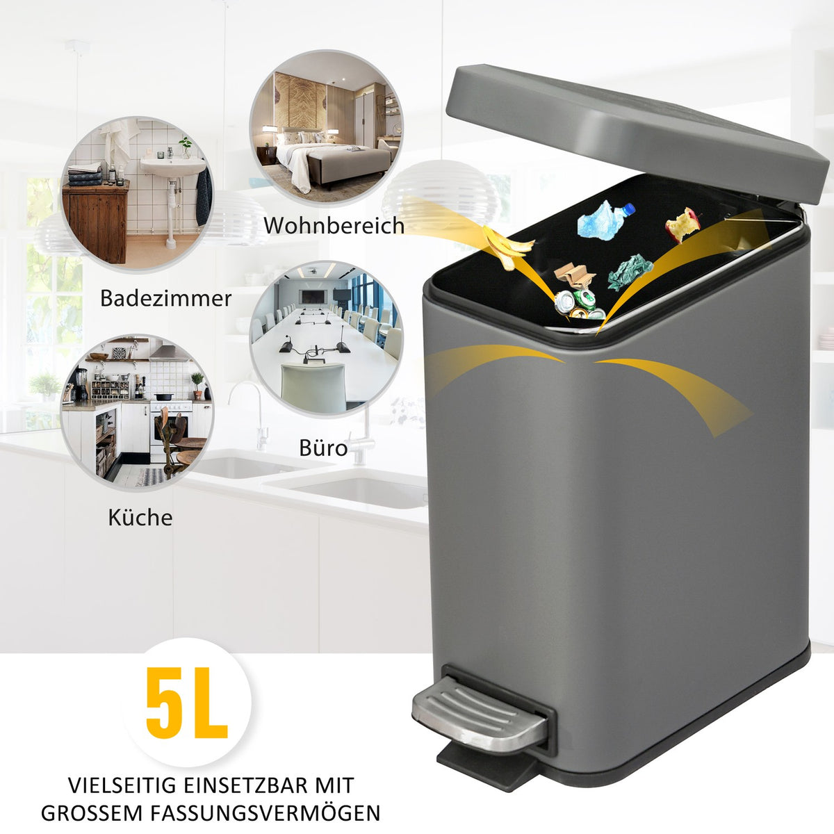 Trash Can 5L Pedal Bin With Lid And Foot Pedal, Inner Bin, Metal, Gray, 29.2X14X32 Cm, For Living Room, Office