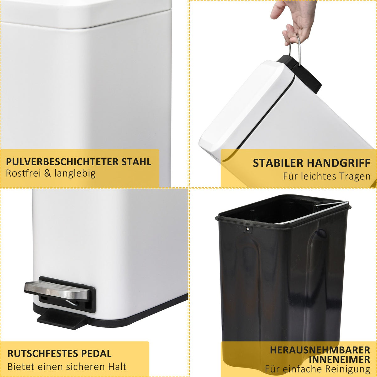 Trash Can 5L Pedal Bin With Lid And Foot Pedal, Inner Bin, Metal, White, 29.2X14X32 Cm, For Living Room, Office
