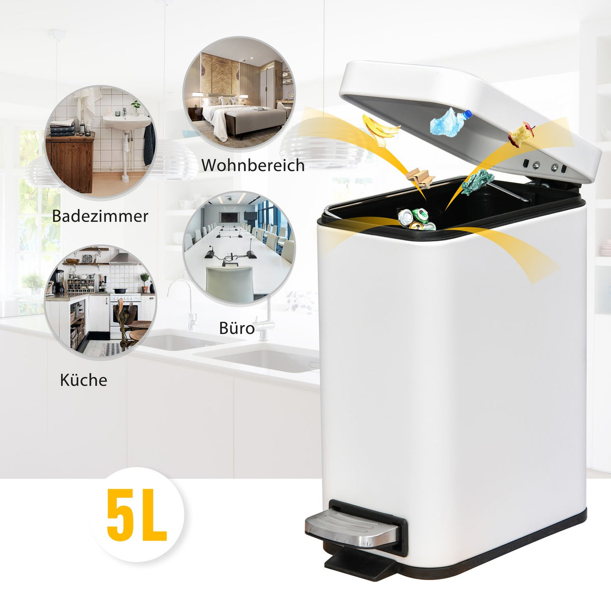 Trash Can 5L Pedal Bin With Lid And Foot Pedal, Inner Bin, Metal, White, 29.2X14X32 Cm, For Living Room, Office