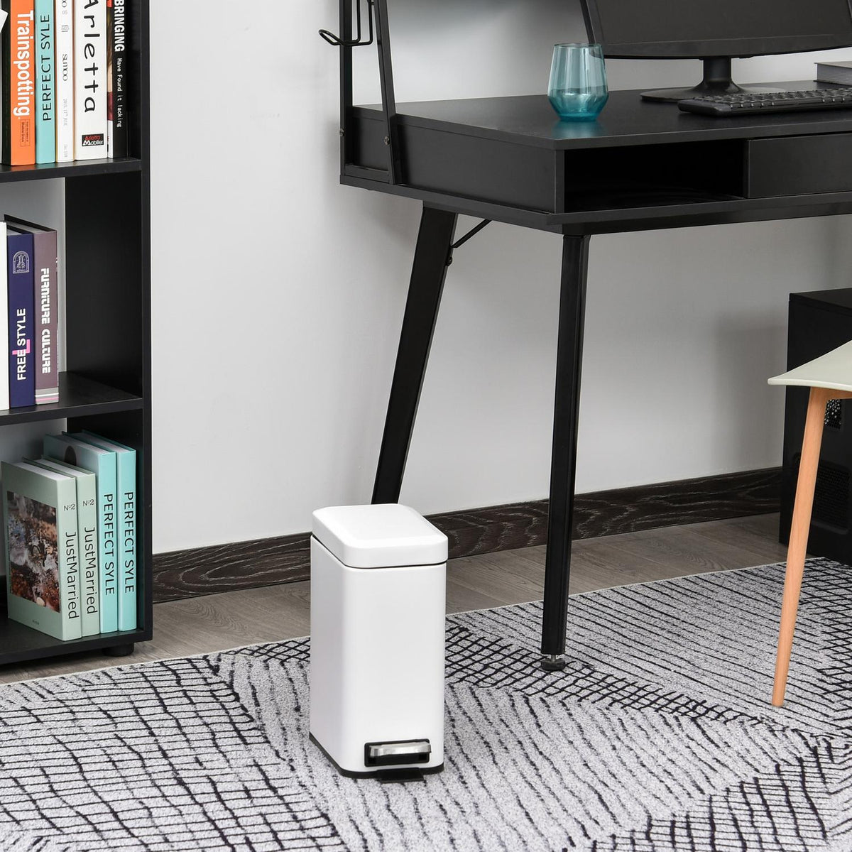 Trash Can 5L Pedal Bin With Lid And Foot Pedal, Inner Bin, Metal, White, 29.2X14X32 Cm, For Living Room, Office