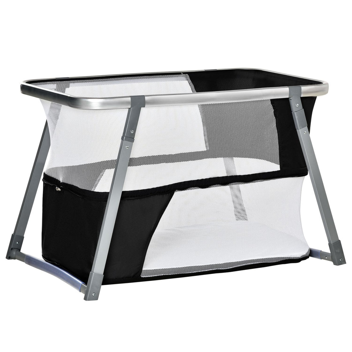 Travel Cot, Baby Cradle, Side Bed, Height Adjustable, Foldable, Oxford Fabric, Black + White