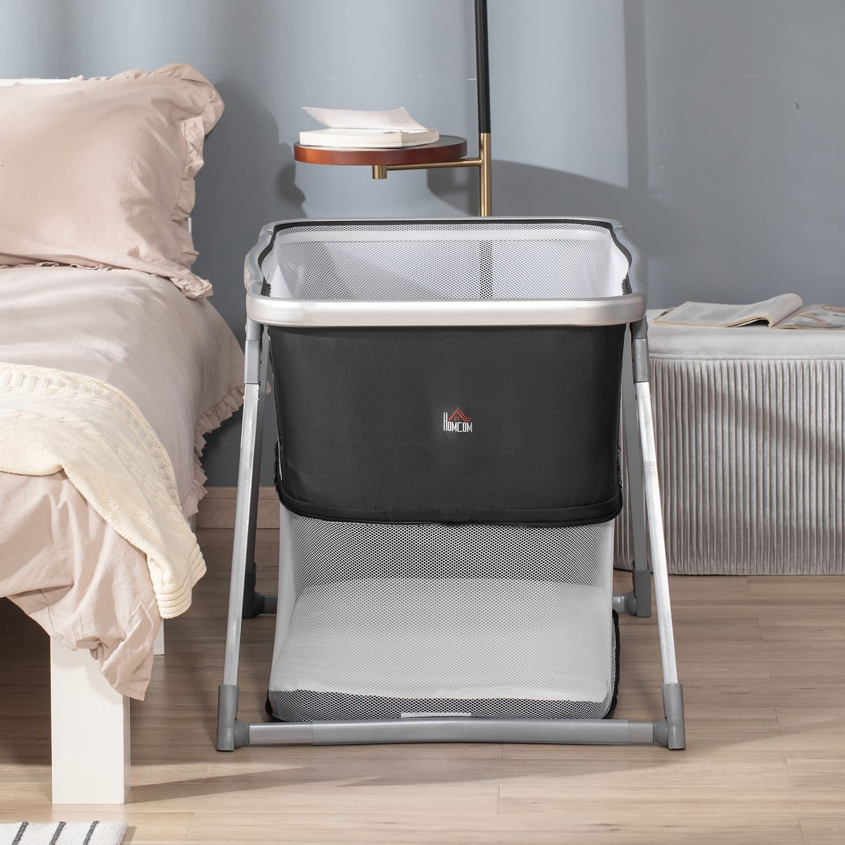 Travel Cot, Baby Cradle, Side Bed, Height Adjustable, Foldable, Oxford Fabric, Black + White