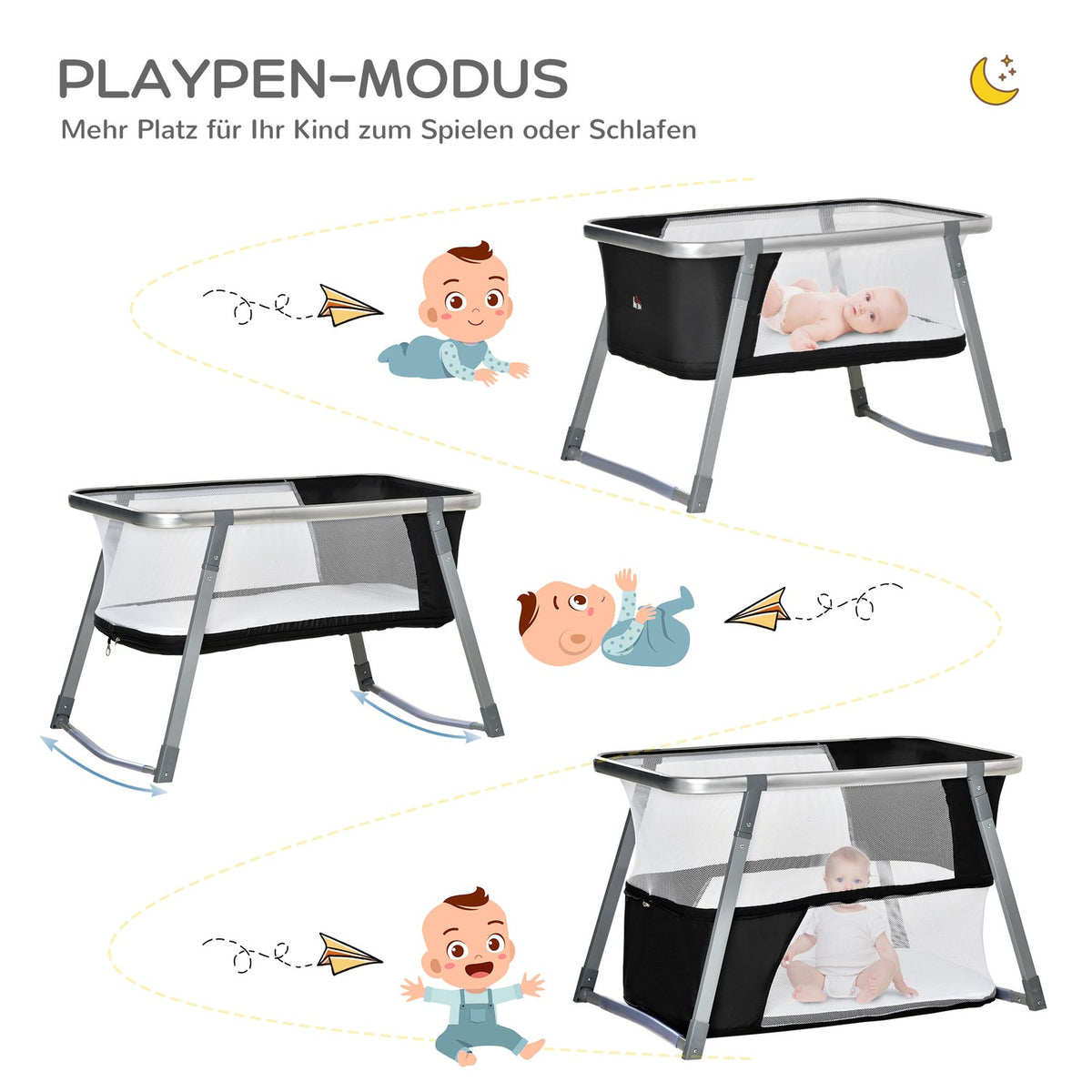 Travel Cot, Baby Cradle, Side Bed, Height Adjustable, Foldable, Oxford Fabric, Black + White