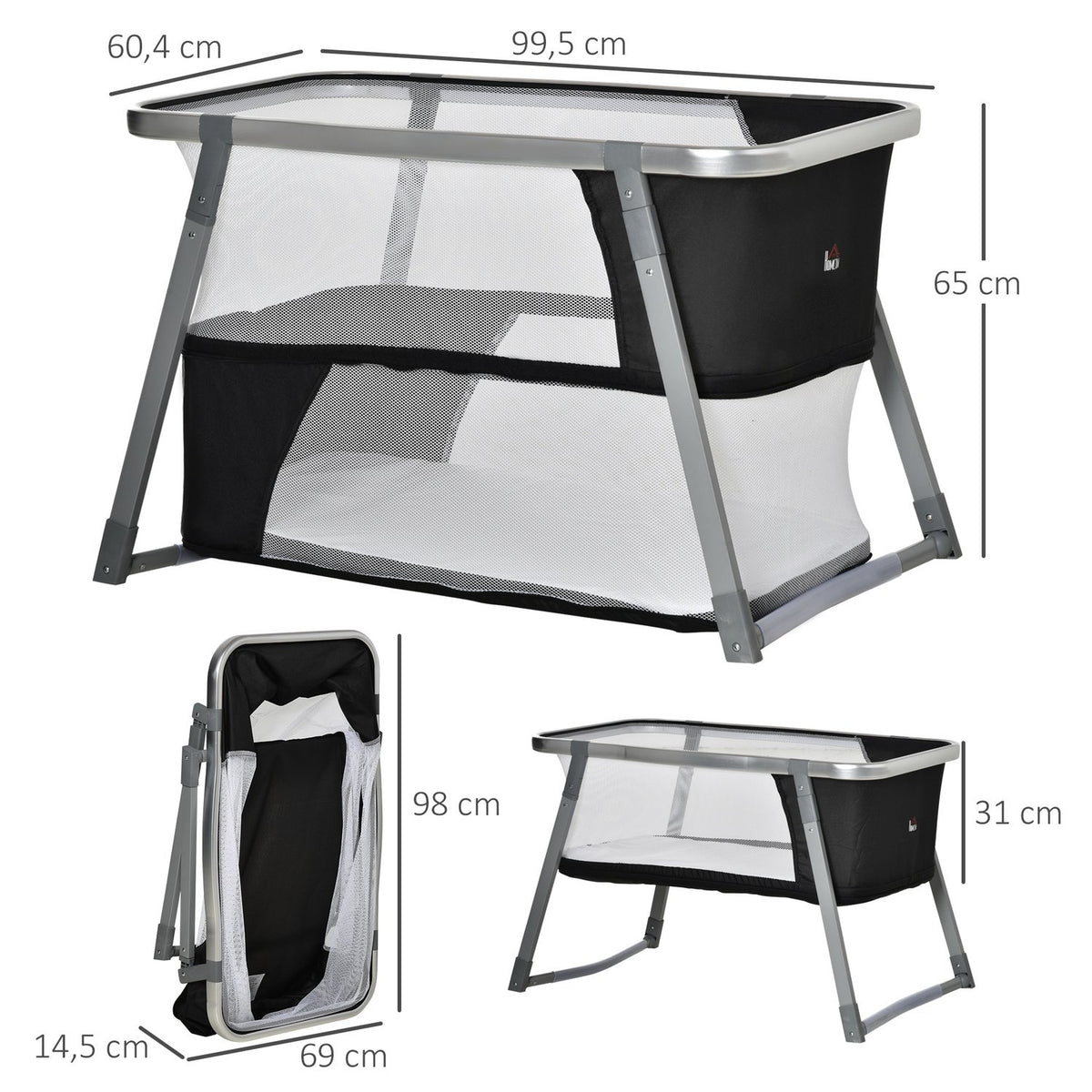 Travel Cot, Baby Cradle, Side Bed, Height Adjustable, Foldable, Oxford Fabric, Black + White