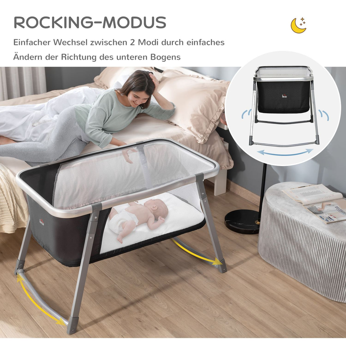 Travel Cot, Baby Cradle, Side Bed, Height Adjustable, Foldable, Oxford Fabric, Black + White