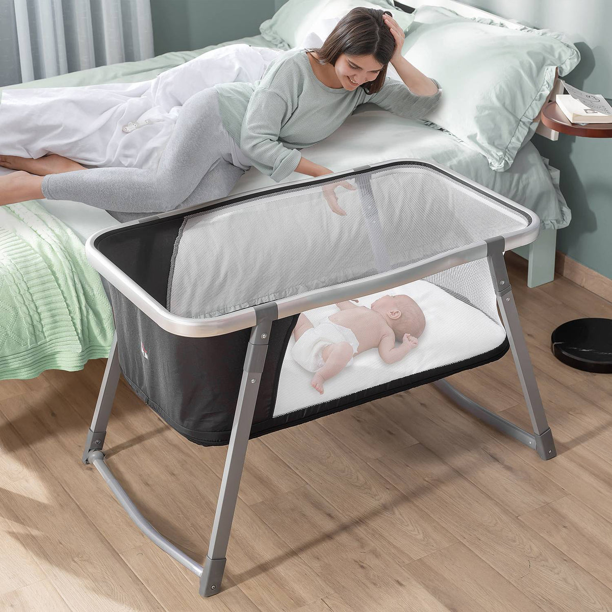 Travel Cot, Baby Cradle, Side Bed, Height Adjustable, Foldable, Oxford Fabric, Black + White