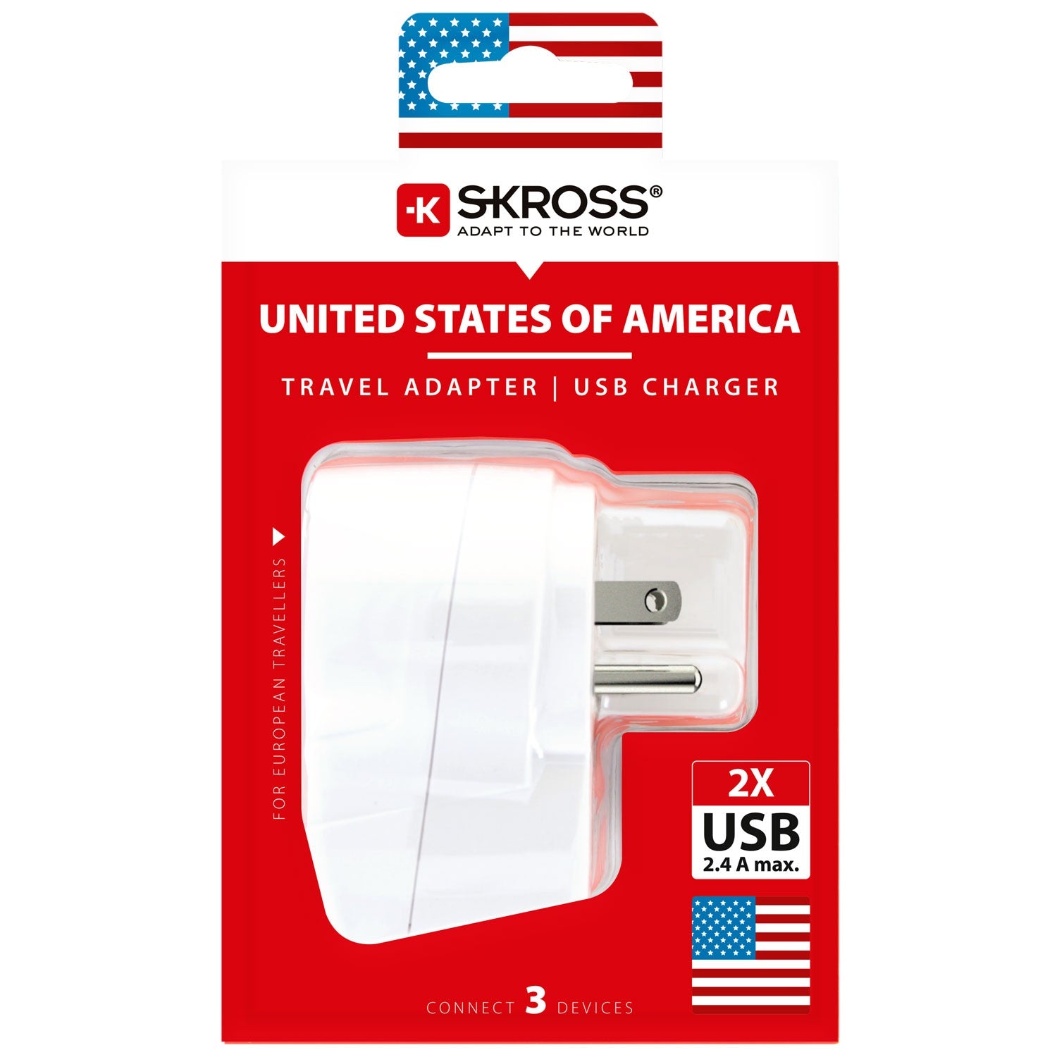 Travel adapter Europe to USA etc. 2xUSB-A 12W Grounded