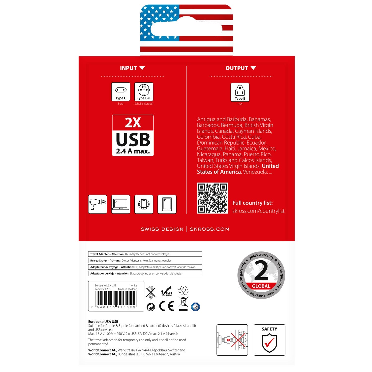 Travel adapter Europe to USA etc. 2xUSB-A 12W Grounded