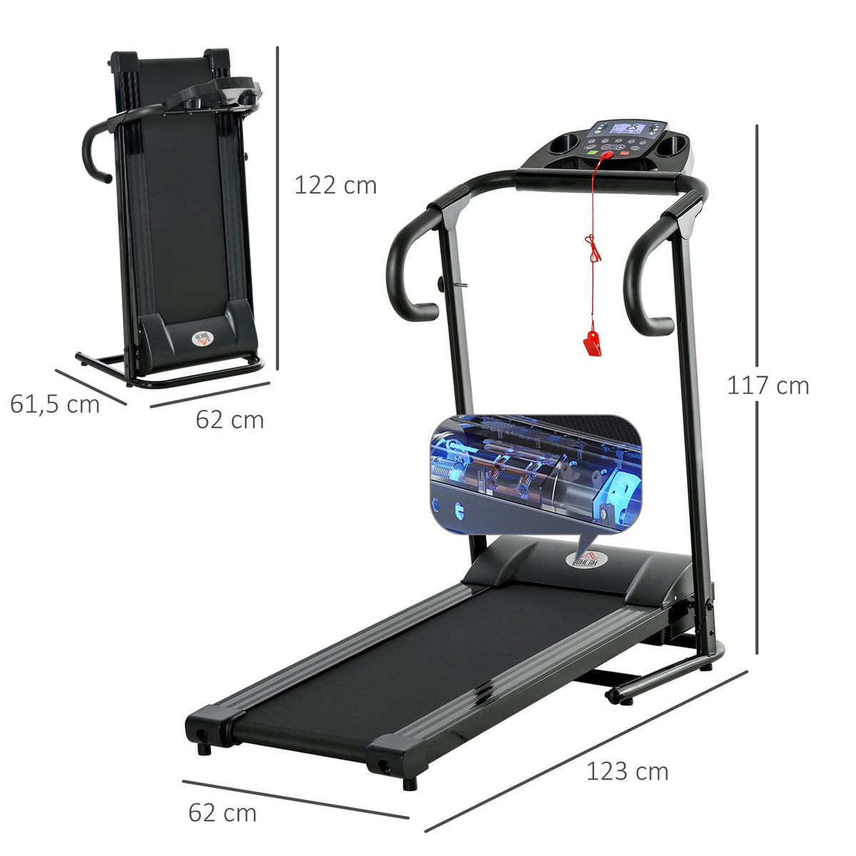 Treadmill Foldable Electric 500W 0.8-10Km/H Lcd Display Mobile Phone Holder Black 123X62X117Cm