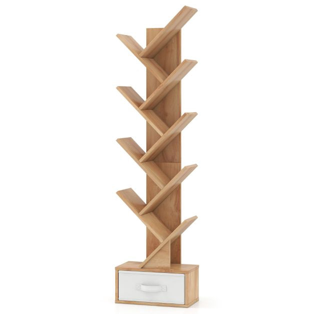 Tree Bookshelf With Drawer, 10 Shelves, Natural Finish